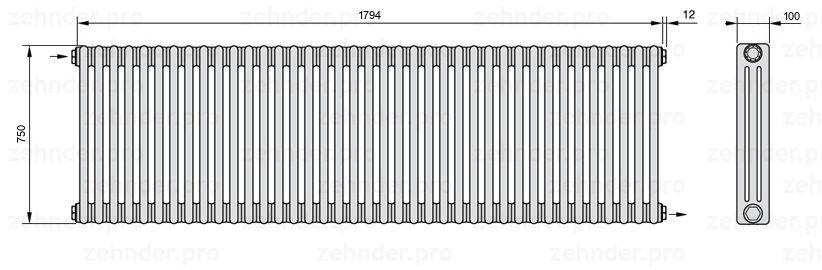 Схема (чертеж) Радиатор Zehnder Charleston 3075/39 №1670 Белый глянцевый RAL 9016